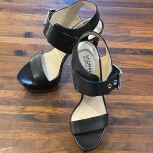 Michael Kors Black Leather Ankle Strap Heeled Sandals